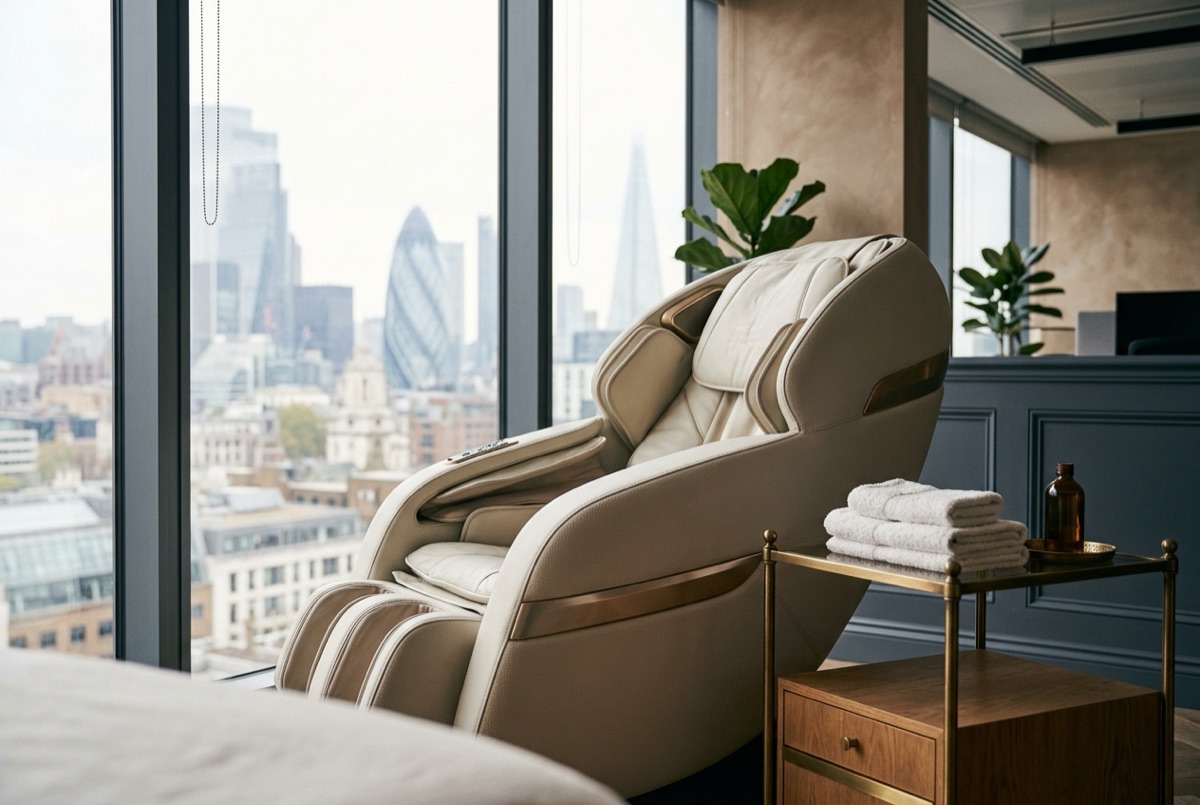 Massage chair beside floor-to-ceiling windows overlooking the London skyline