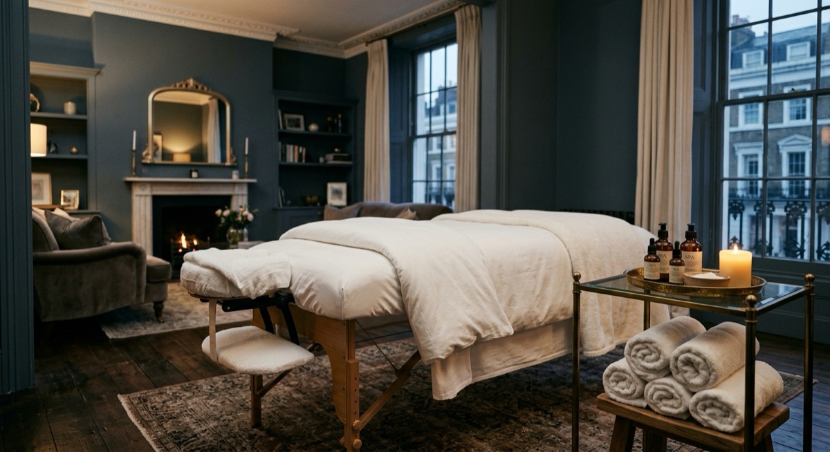 Heated massage table with white linens set up in an elegant London living room