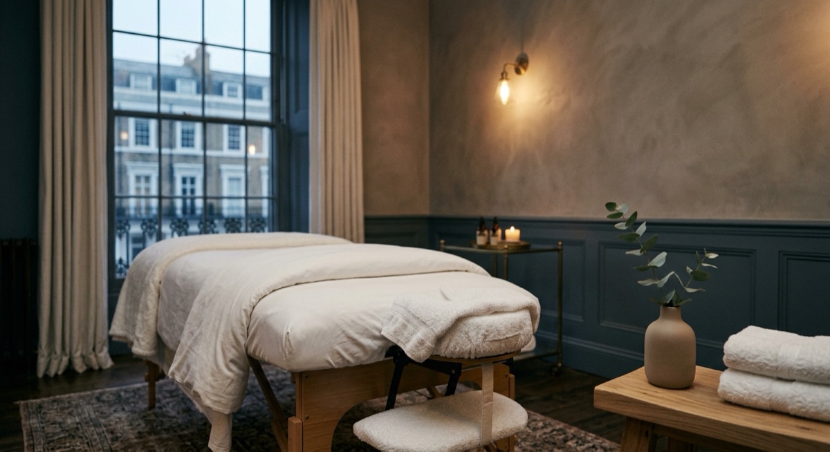 Private treatment room with massage table, warm plaster walls and brass wall light