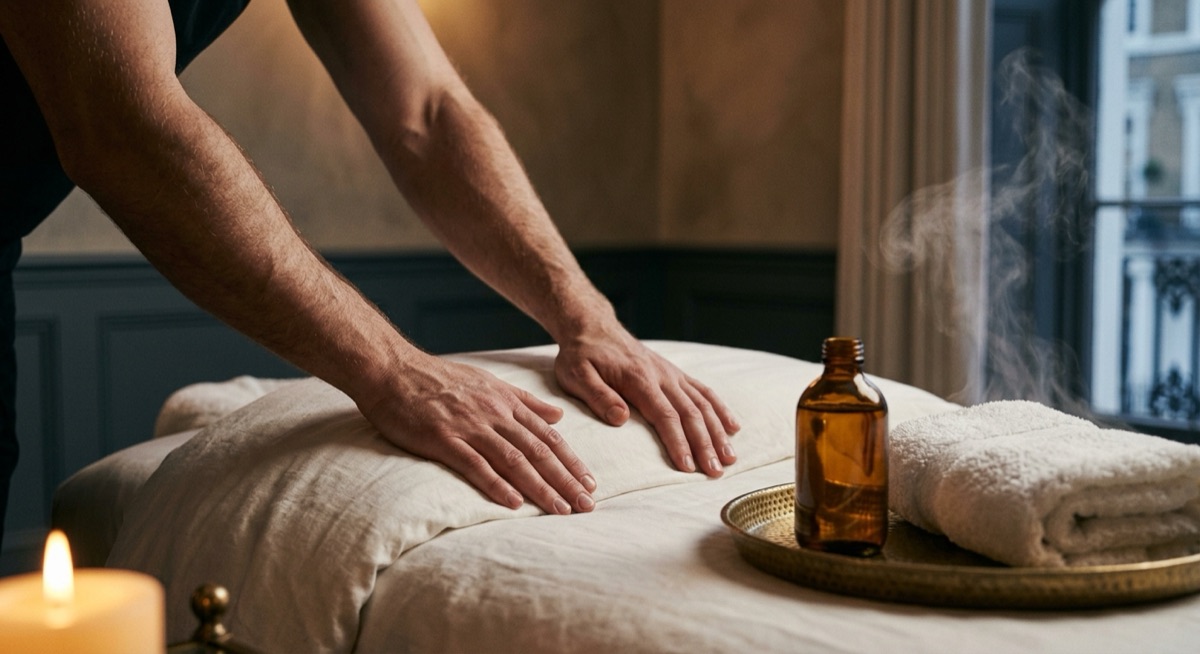 Hands smoothing a warmed linen sheet beside an amber oil bottle and steaming towel