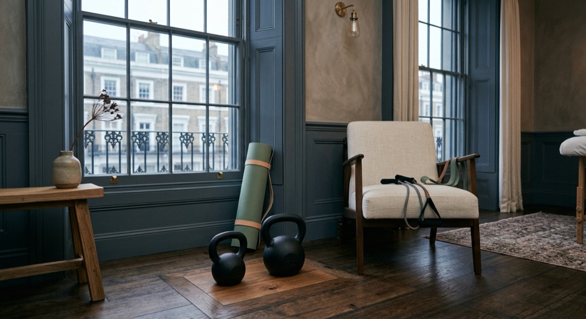 Kettlebells and a rolled exercise mat in a refined London home with sash windows